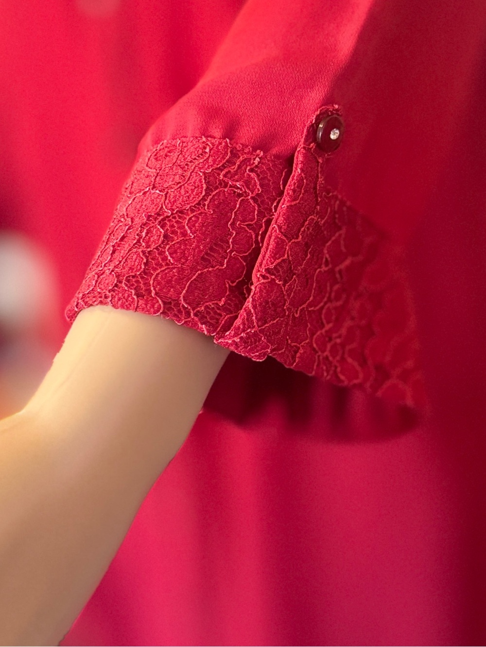 Lace-Trim Vibrant Red Button-Down Dress - Picture 3 of 11